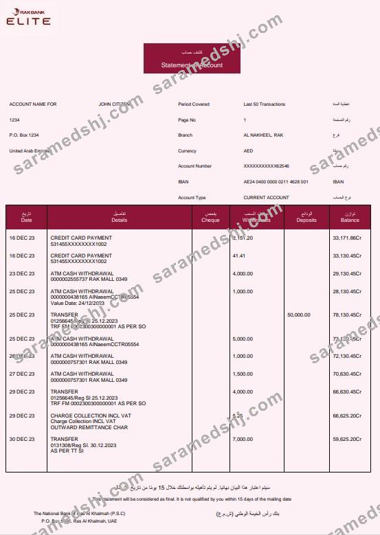 UAE Rakbank Elite bank statement Word and PDF template